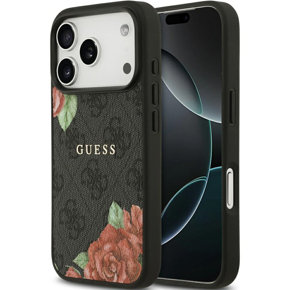 Handyhülle für iPhone 18 Pro Max / 17 Pro Max, Guess Hardcase 4G Flowers Print mit MagSafe, Schwarz mit floralem Muster