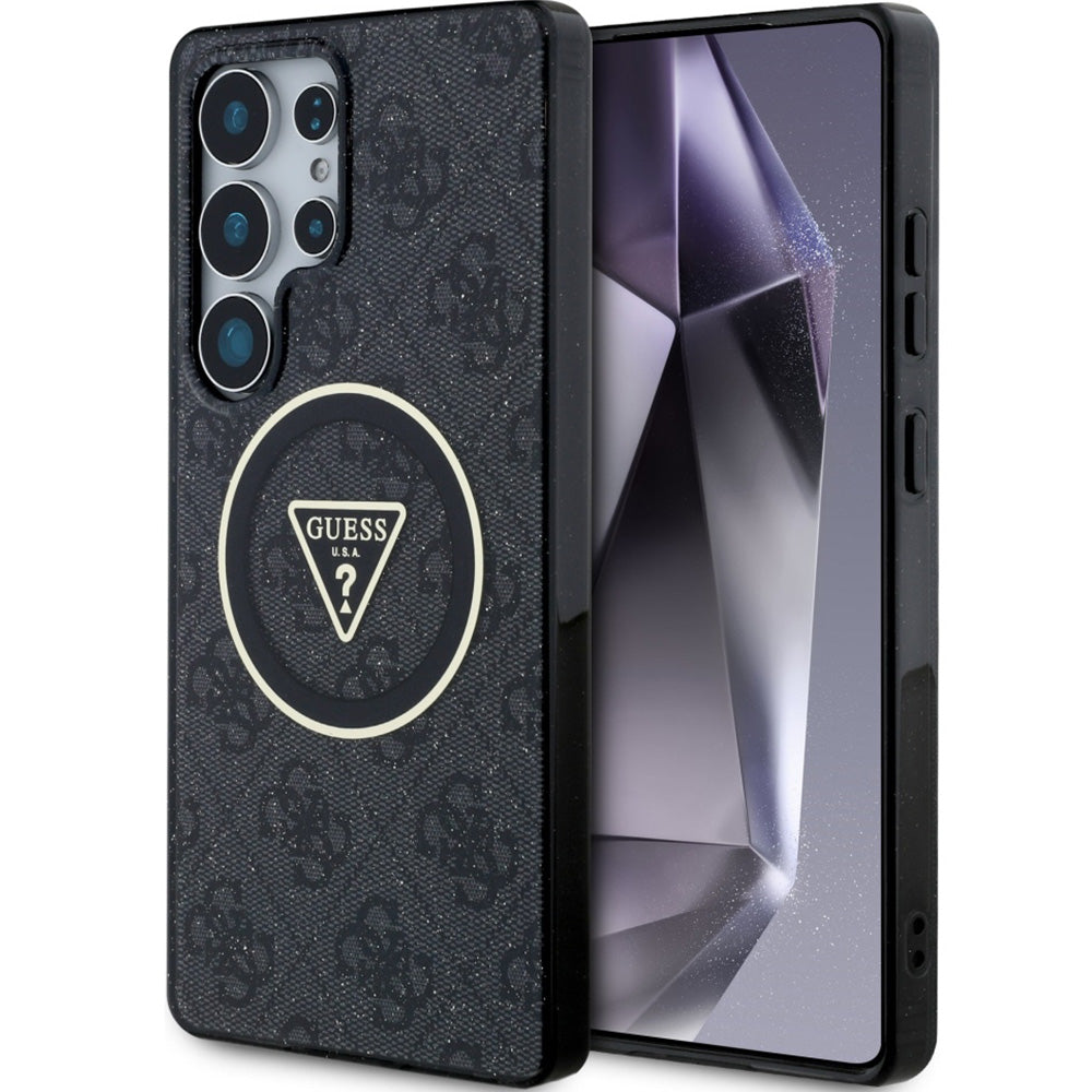 Handyhülle für Galaxy S25 Ultra, Guess 4G Glitter Triangle Buttons mit MagSafe, Schwarz