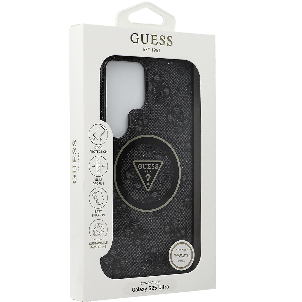 Handyhülle für Galaxy S25 Ultra, Guess 4G Glitter Triangle Buttons mit MagSafe, Schwarz