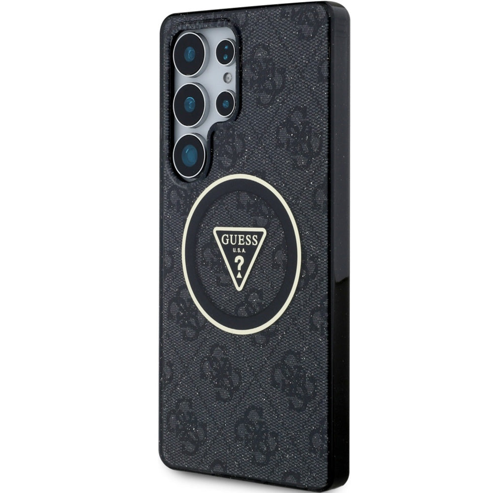 Handyhülle für Galaxy S25 Ultra, Guess 4G Glitter Triangle Buttons mit MagSafe, Schwarz