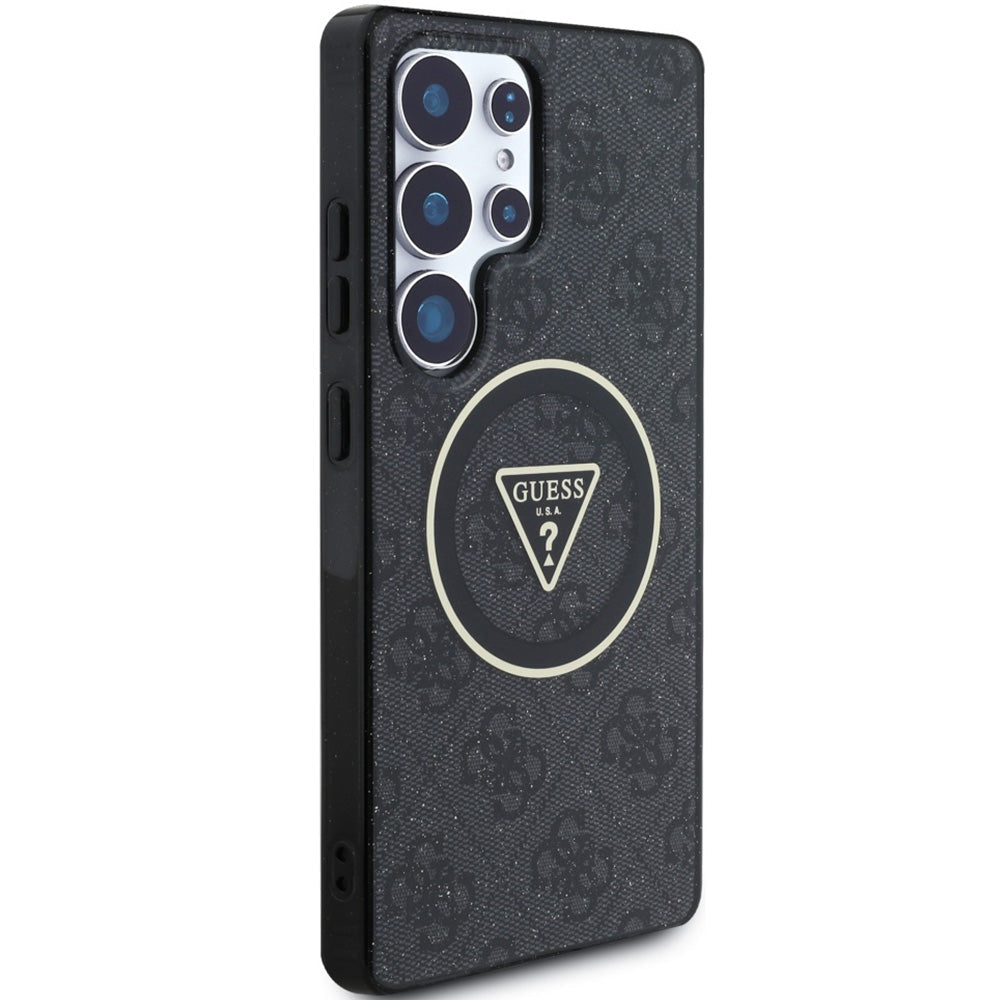 Handyhülle für Galaxy S25 Ultra, Guess 4G Glitter Triangle Buttons mit MagSafe, Schwarz