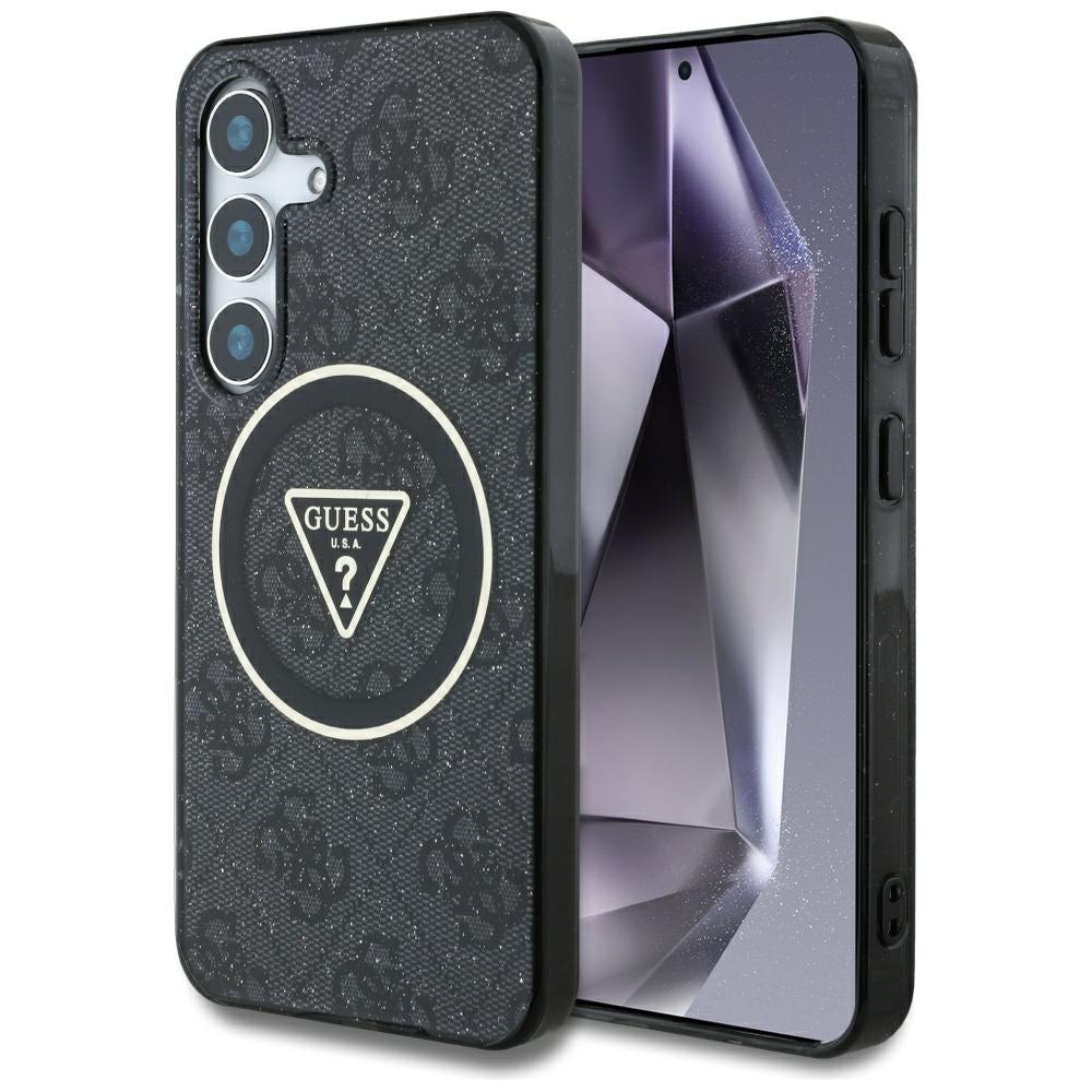 Handyhülle für Galaxy S25, Guess 4G Glitter Triangle Buttons mit MagSafe, Schwarz mit Goldenen Elementen