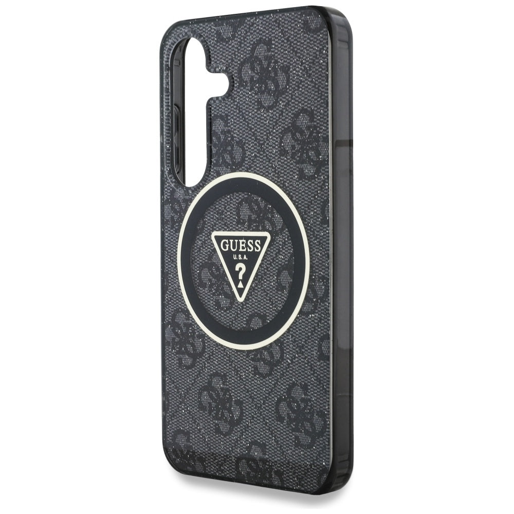 Handyhülle für Galaxy S25, Guess 4G Glitter Triangle Buttons mit MagSafe, Schwarz mit Goldenen Elementen
