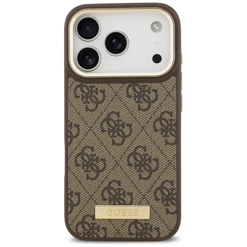 Handyhülle für iPhone 18 Pro / 17 Pro, Guess 4G Logo Plate mit MagSafe, Braun