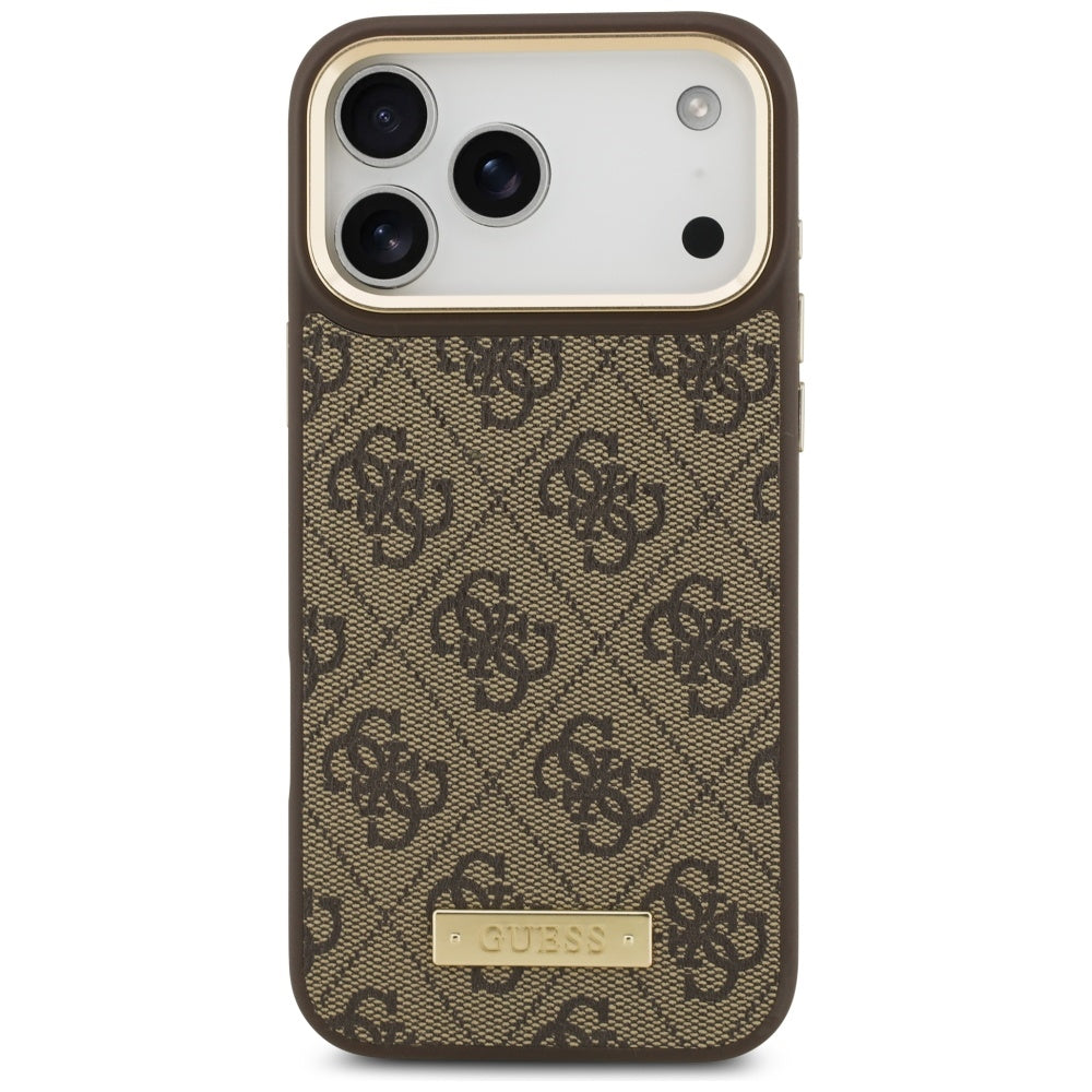 Handyhülle für iPhone 18 Pro Max / 17 Pro Max, Guess 4G Logo Plate mit MagSafe, Braun