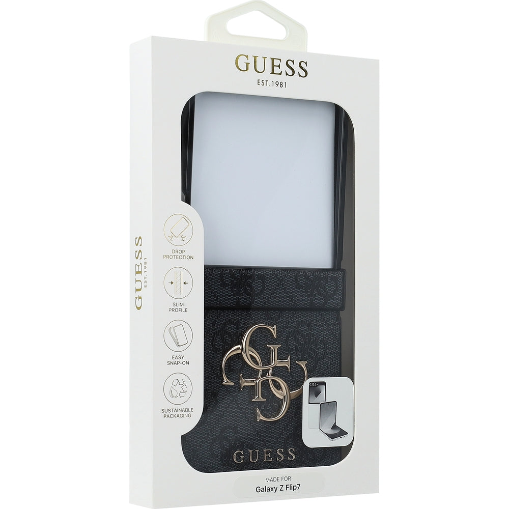 Handyhülle für Galaxy Z Flip7, Guess Hardcase 4G Big 4G Classic Logo, Schwarz mit Goldenen Elementen