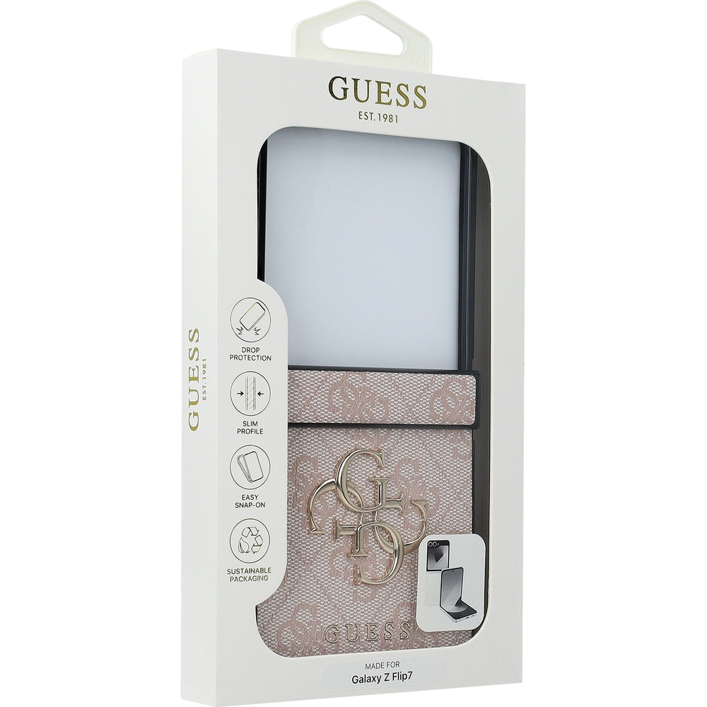 Handyhülle für Galaxy Z Flip7, Guess Hardcase 4G Big 4G Classic Logo, Rosa mit Goldenen Elementen
