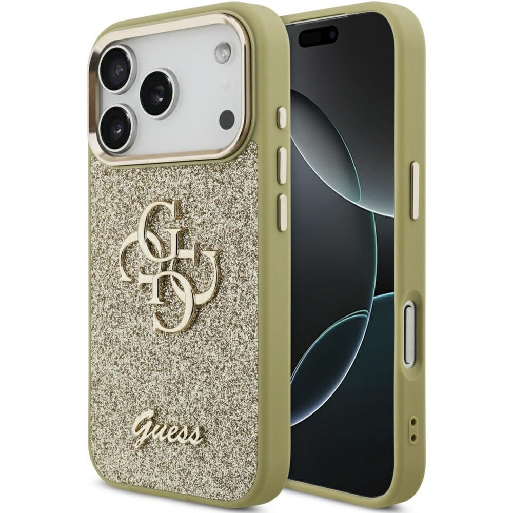 Handyhülle für iPhone 17 Pro, Guess Fixed Glitter Big 4G Metal Frame, Gold-Glitter