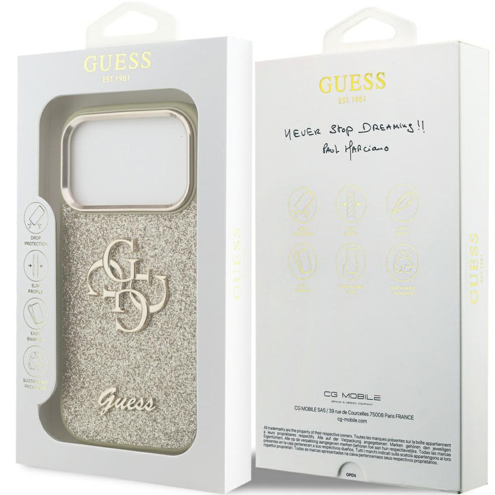 Handyhülle für iPhone 17 Pro, Guess Fixed Glitter Big 4G Metal Frame, Gold-Glitter