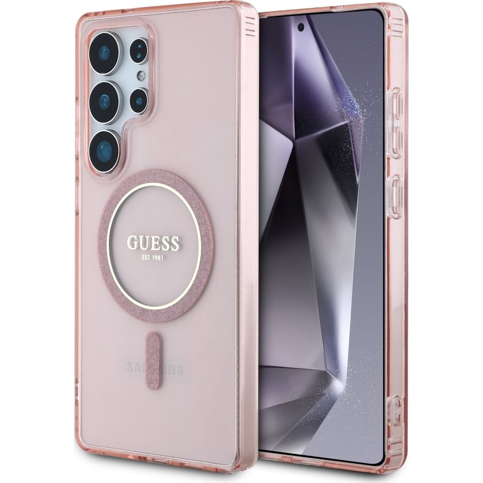 Handyhülle für Galaxy S25 Ultra, Guess Glitter Circle Classic Logo mit MagSafe, Rosa