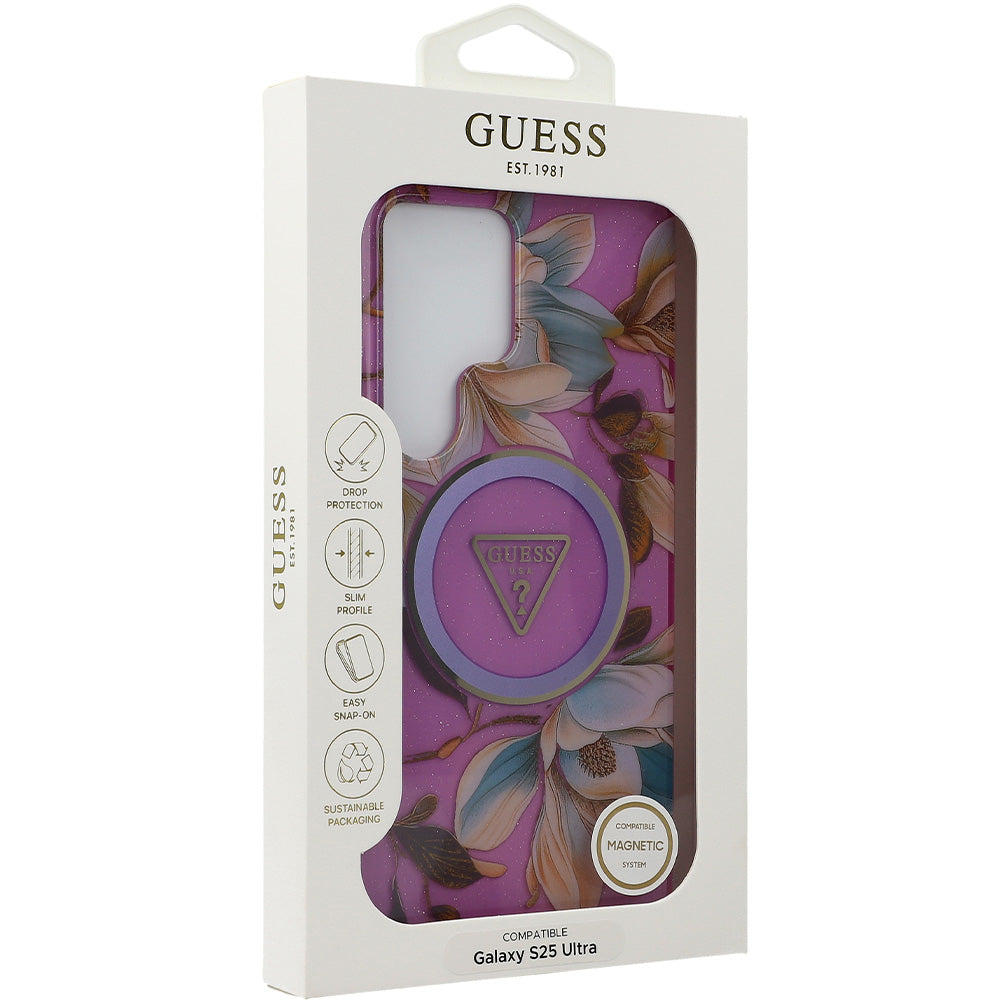 Handyhülle für Galaxy S25 Ultra, Guess Glitter Flowers Triangle Buttons mit MagSafe, Violett