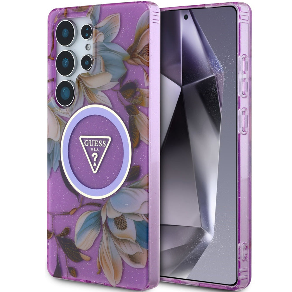 Handyhülle für Galaxy S25 Ultra, Guess Glitter Flowers Triangle Buttons mit MagSafe, Violett