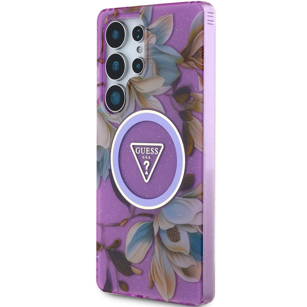 Handyhülle für Galaxy S25 Ultra, Guess Glitter Flowers Triangle Buttons mit MagSafe, Violett