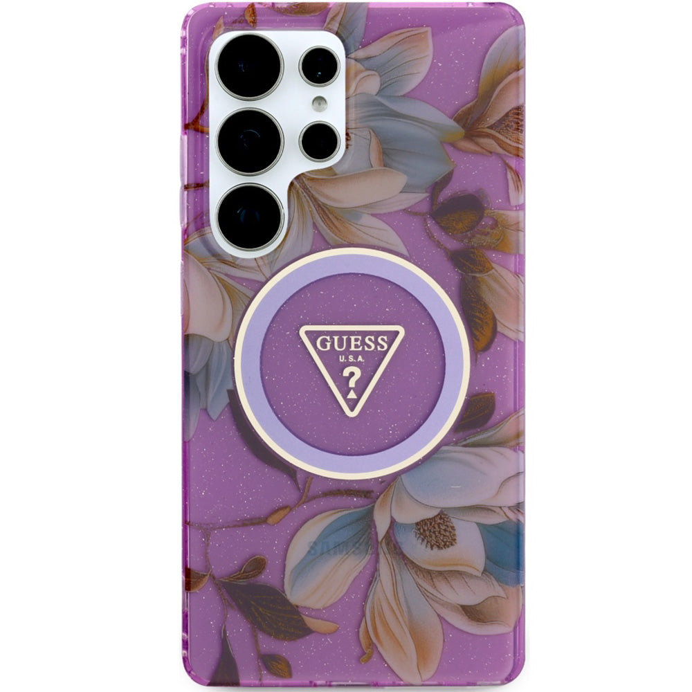 Handyhülle für Galaxy S25 Ultra, Guess Glitter Flowers Triangle Buttons mit MagSafe, Violett