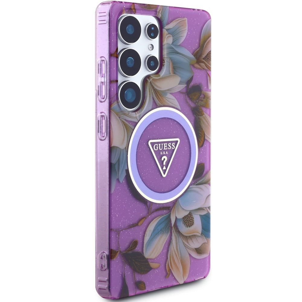 Handyhülle für Galaxy S25 Ultra, Guess Glitter Flowers Triangle Buttons mit MagSafe, Violett