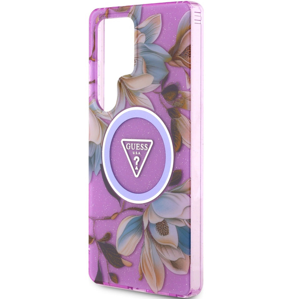Handyhülle für Galaxy S25 Ultra, Guess Glitter Flowers Triangle Buttons mit MagSafe, Violett