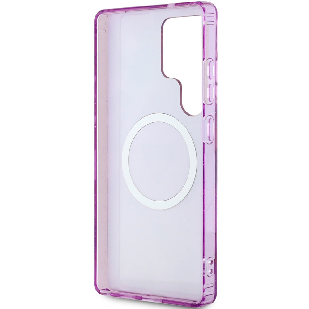 Handyhülle für Galaxy S25 Ultra, Guess Glitter Flowers Triangle Buttons mit MagSafe, Violett
