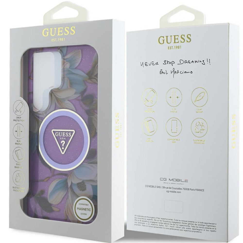 Handyhülle für Galaxy S25 Ultra, Guess Glitter Flowers Triangle Buttons mit MagSafe, Violett