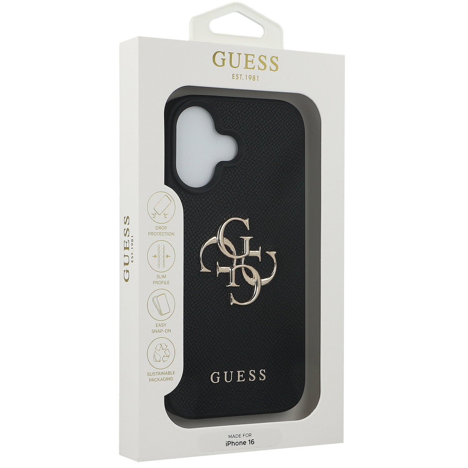 Handyhülle für iPhone 16, Guess Grained Big 4G Small Classic Logo, Schwarz