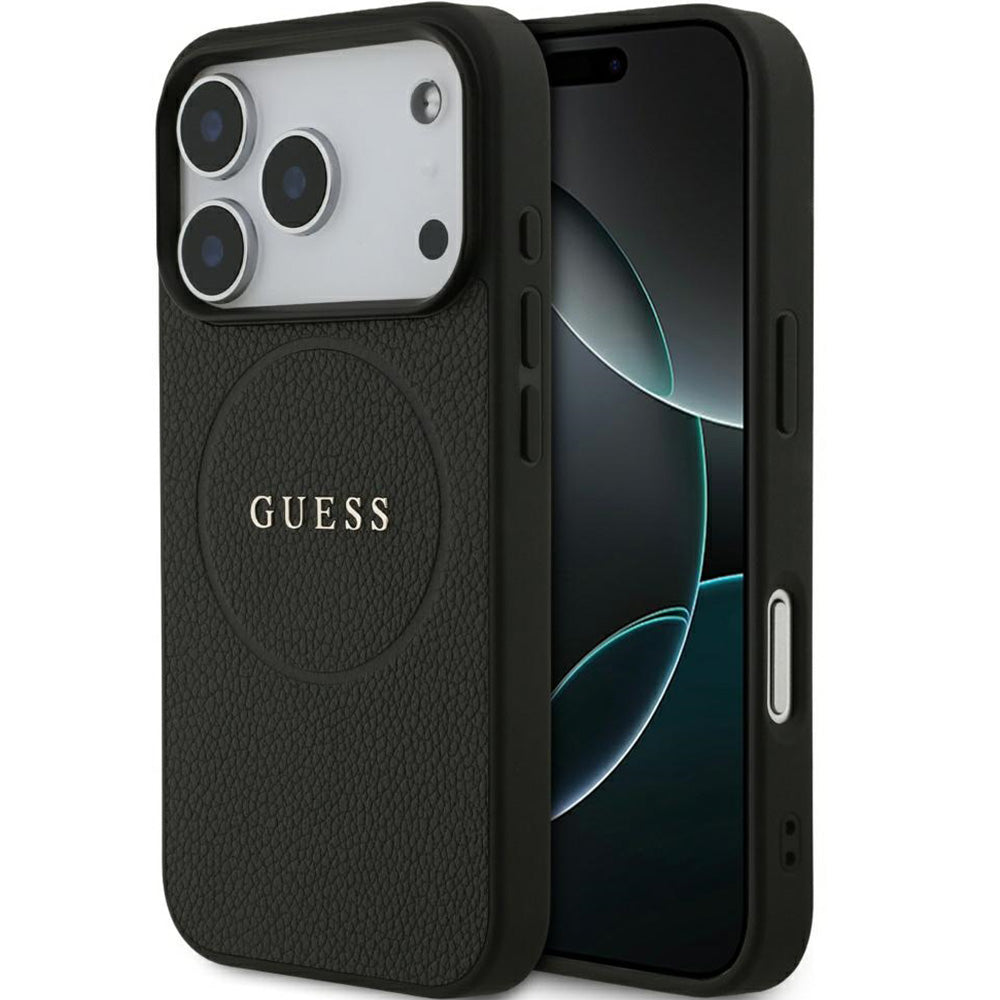 Handyhülle für iPhone 17 Pro, Guess Hardcase Grained Ring mit MagSafe, Schwarz