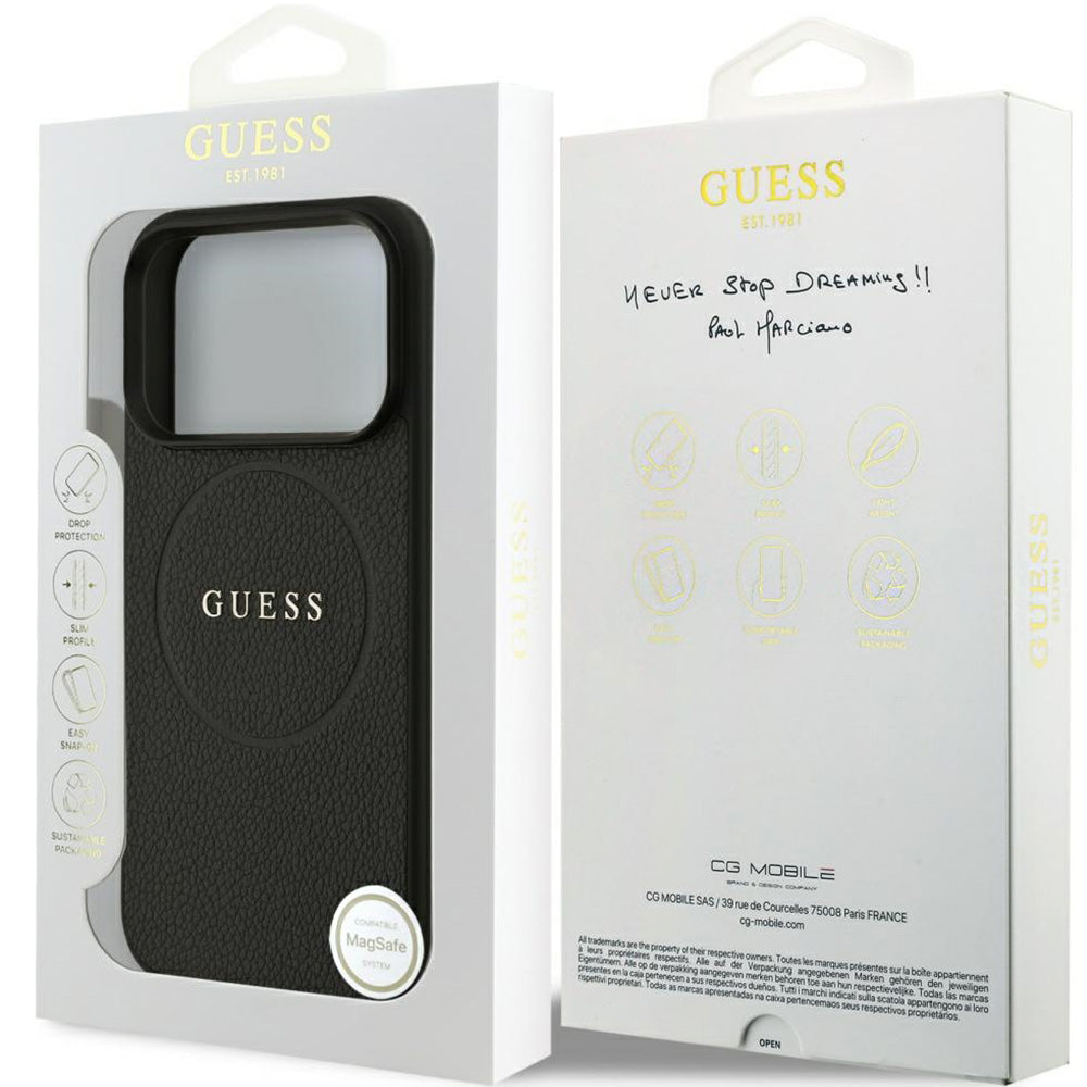 Handyhülle für iPhone 17 Pro, Guess Hardcase Grained Ring mit MagSafe, Schwarz
