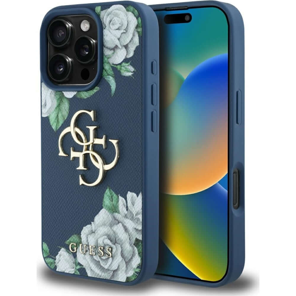 Handyhülle für iPhone 16 Pro, Guess Grained Roses Big 4G, Blau mit floralem Muster