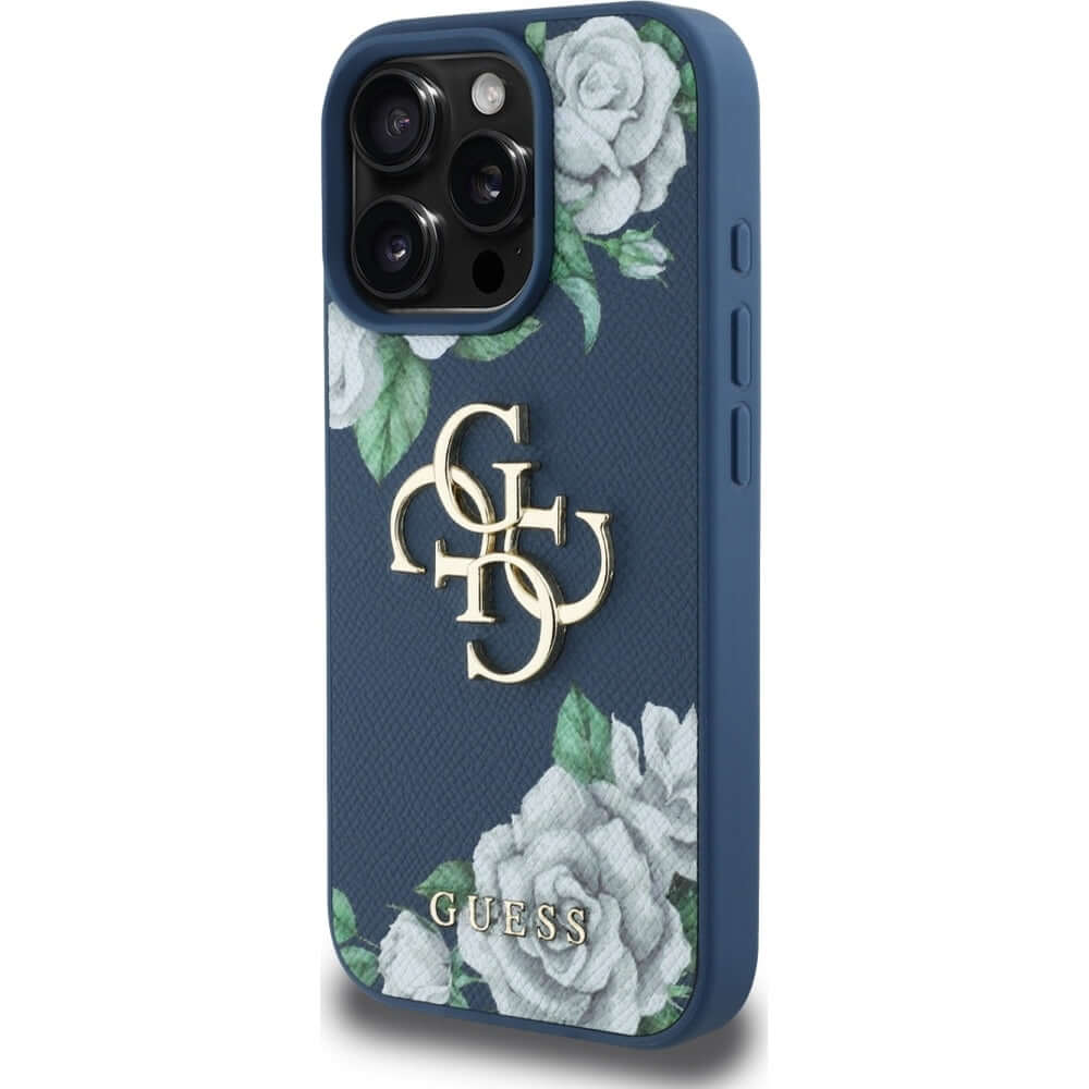 Handyhülle für iPhone 16 Pro, Guess Grained Roses Big 4G, Blau mit floralem Muster