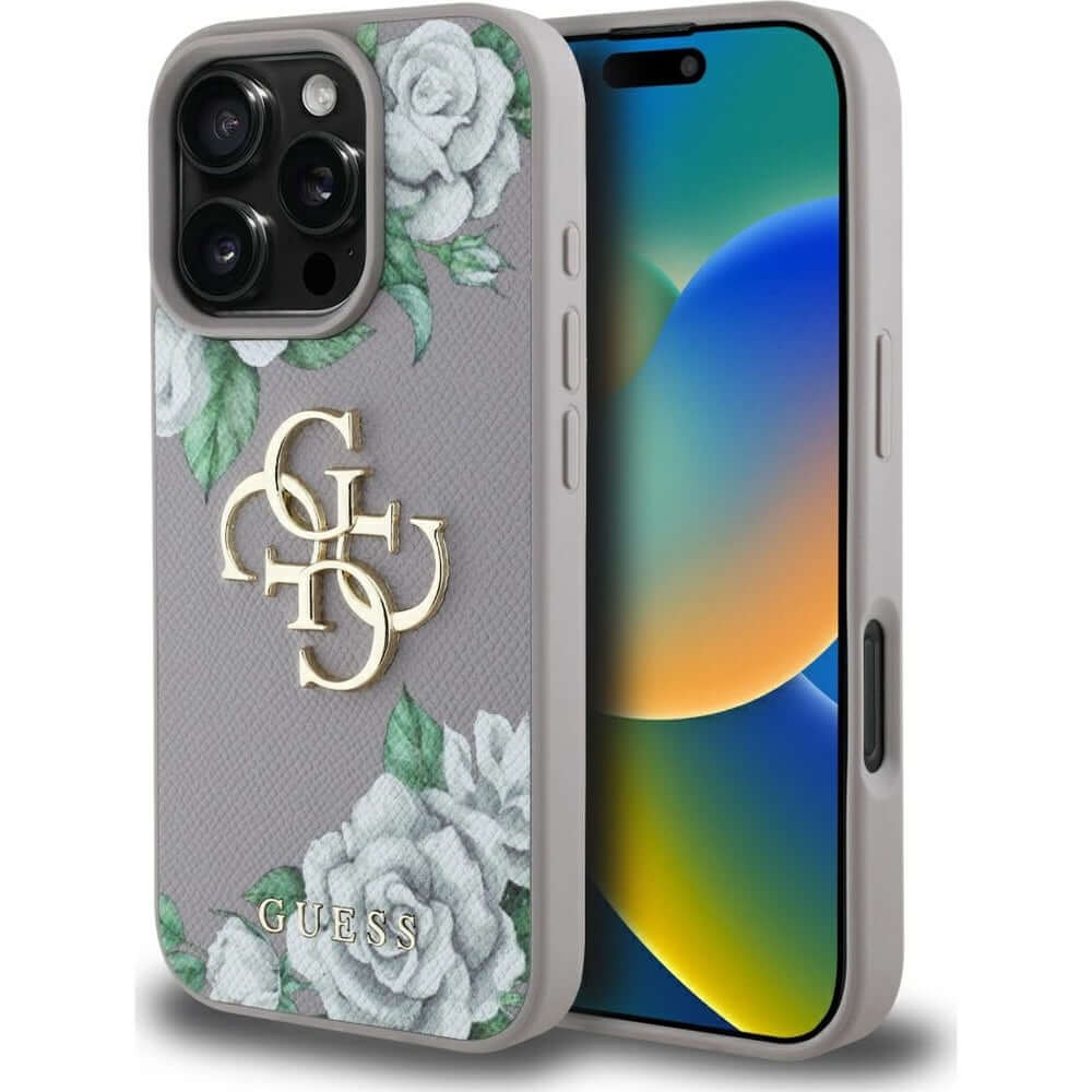 Handyhülle für iPhone 16 Pro, Guess Grained Roses Big 4G, Lila mit floralem Muster