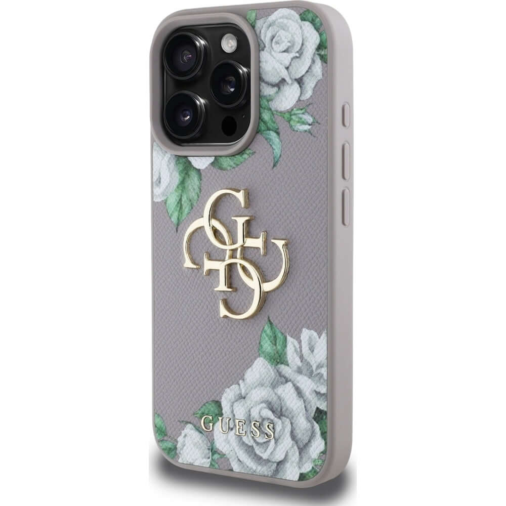Handyhülle für iPhone 16 Pro, Guess Grained Roses Big 4G, Lila mit floralem Muster