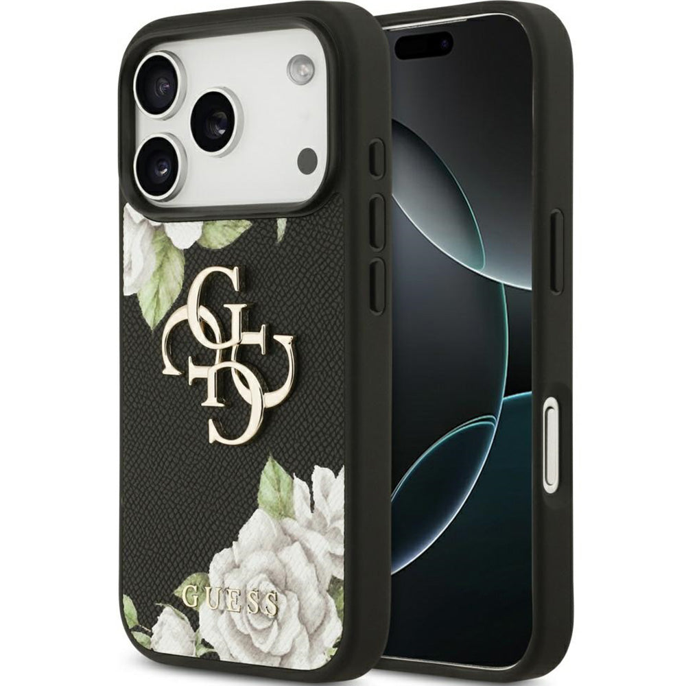 Handyhülle für iPhone 17 Pro, Guess Grained Roses Big 4G, Schwarz mit floralem Muster