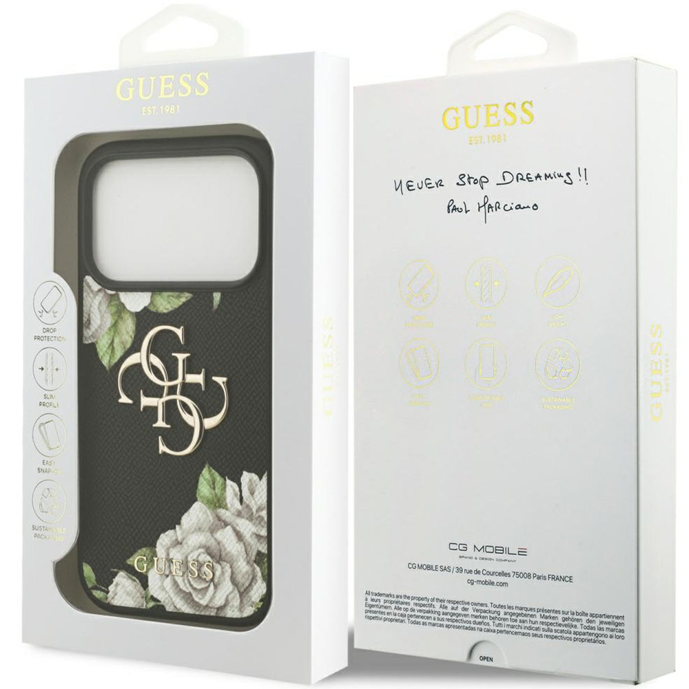 Handyhülle für iPhone 17 Pro, Guess Grained Roses Big 4G, Schwarz mit floralem Muster
