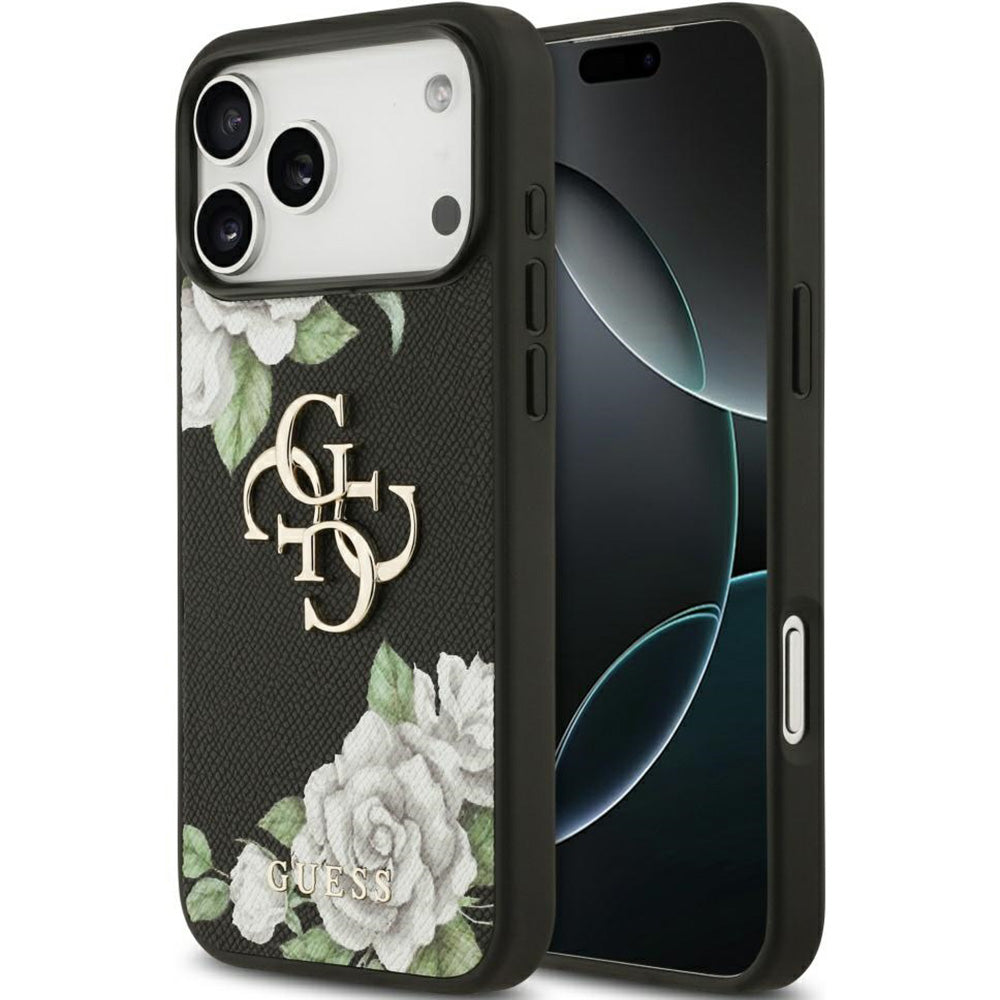 Handyhülle für iPhone 17 Pro Max, Guess Grained Roses Big 4G, Schwarz mit floralem Muster