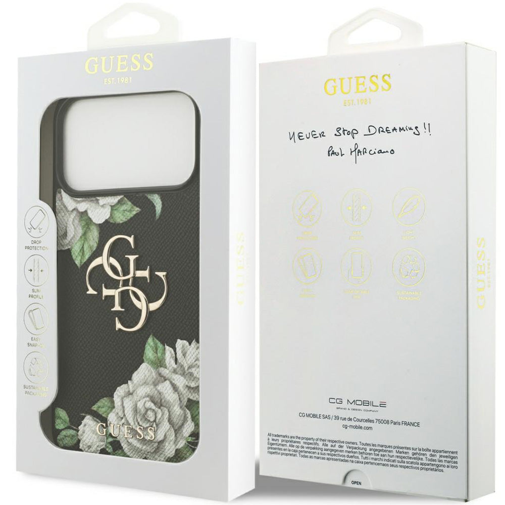 Handyhülle für iPhone 17 Pro Max, Guess Grained Roses Big 4G, Schwarz mit floralem Muster