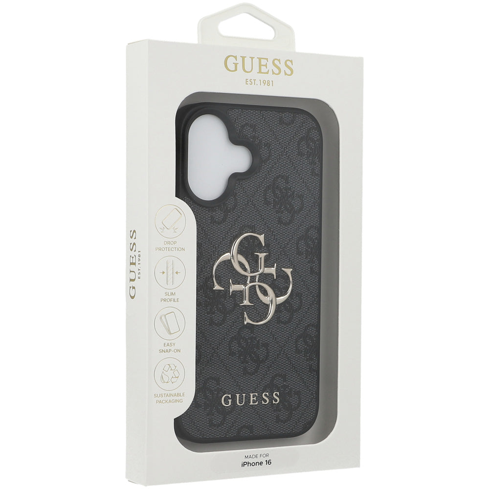 Handyhülle für iPhone 16, Guess Hardcase 4G Big Metal Logo, Schwarz