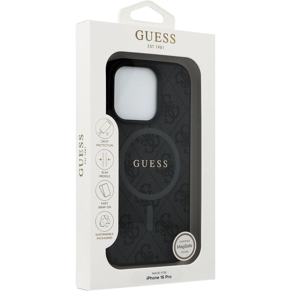 Handyhülle für iPhone 16 Pro, Guess Hardcase 4G Ring Classic Logo MagSafe, Schwarz