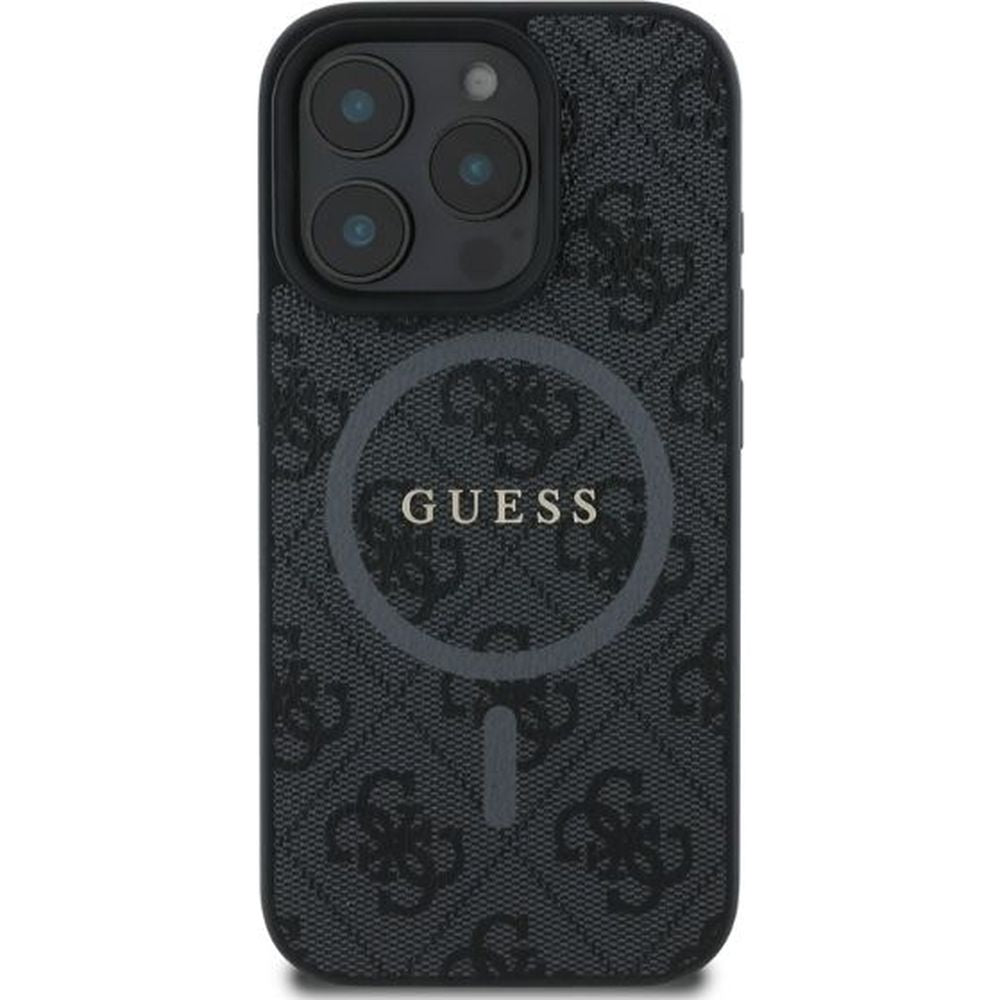 Handyhülle für iPhone 16 Pro, Guess Hardcase 4G Ring Classic Logo MagSafe, Schwarz