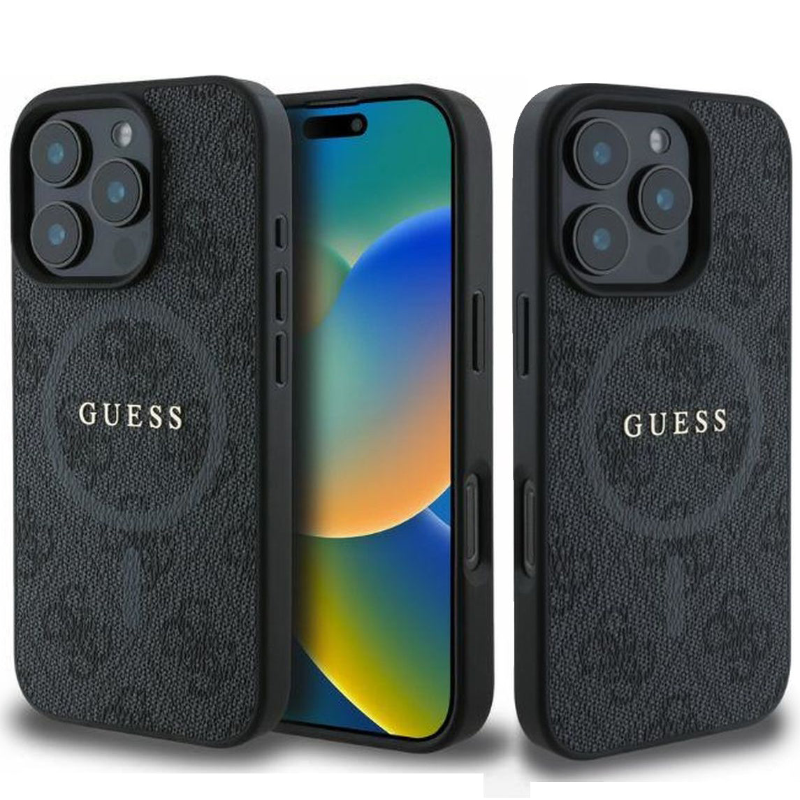 Handyhülle für iPhone 16 Pro, Guess Hardcase 4G Ring Classic Logo MagSafe, Schwarz