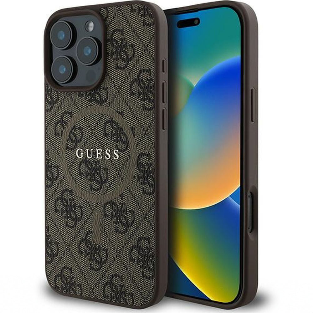 Handyhülle für iPhone 16 Pro, Guess Hardcase 4G Ring Classic Logo MagSafe, Braun