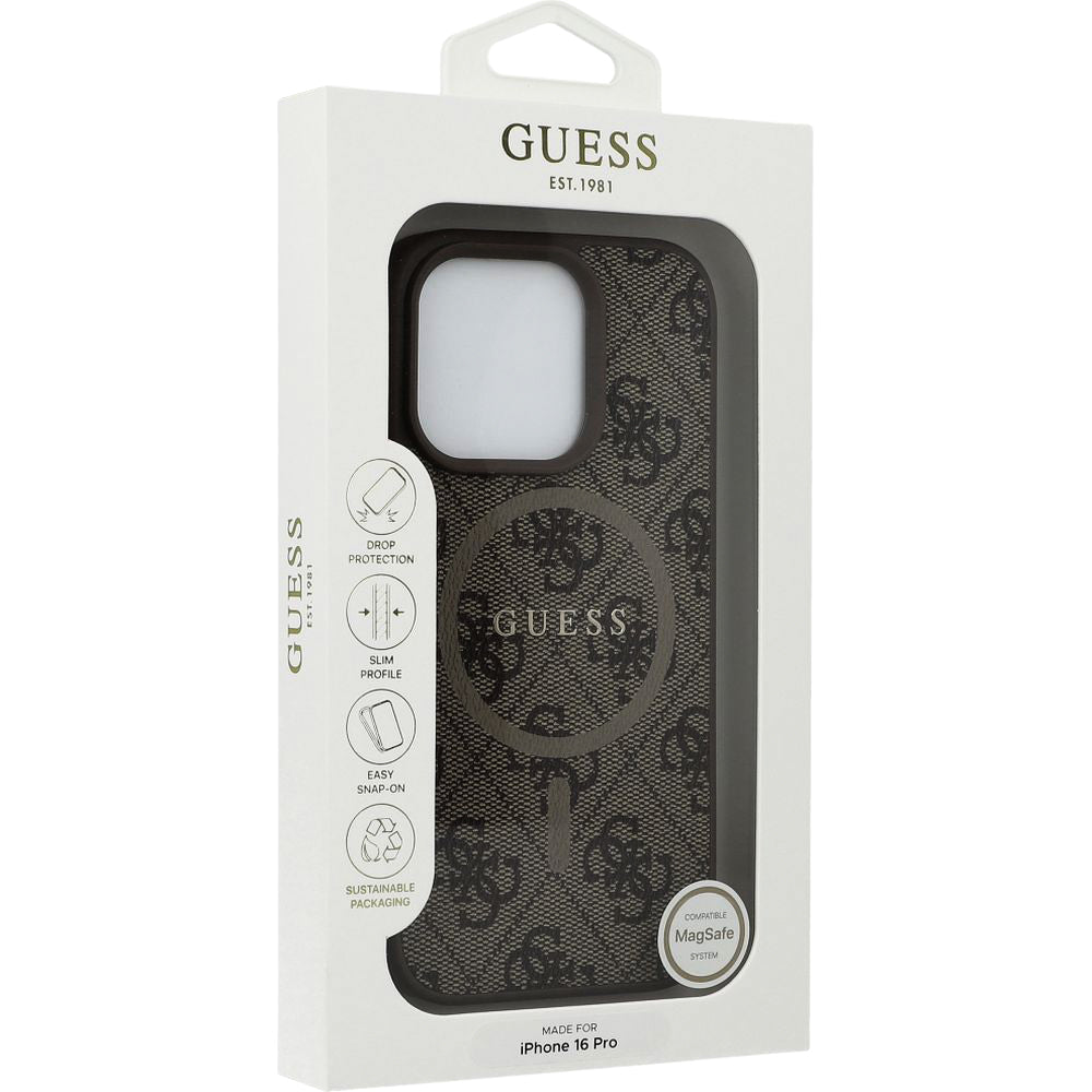 Handyhülle für iPhone 16 Pro, Guess Hardcase 4G Ring Classic Logo MagSafe, Braun