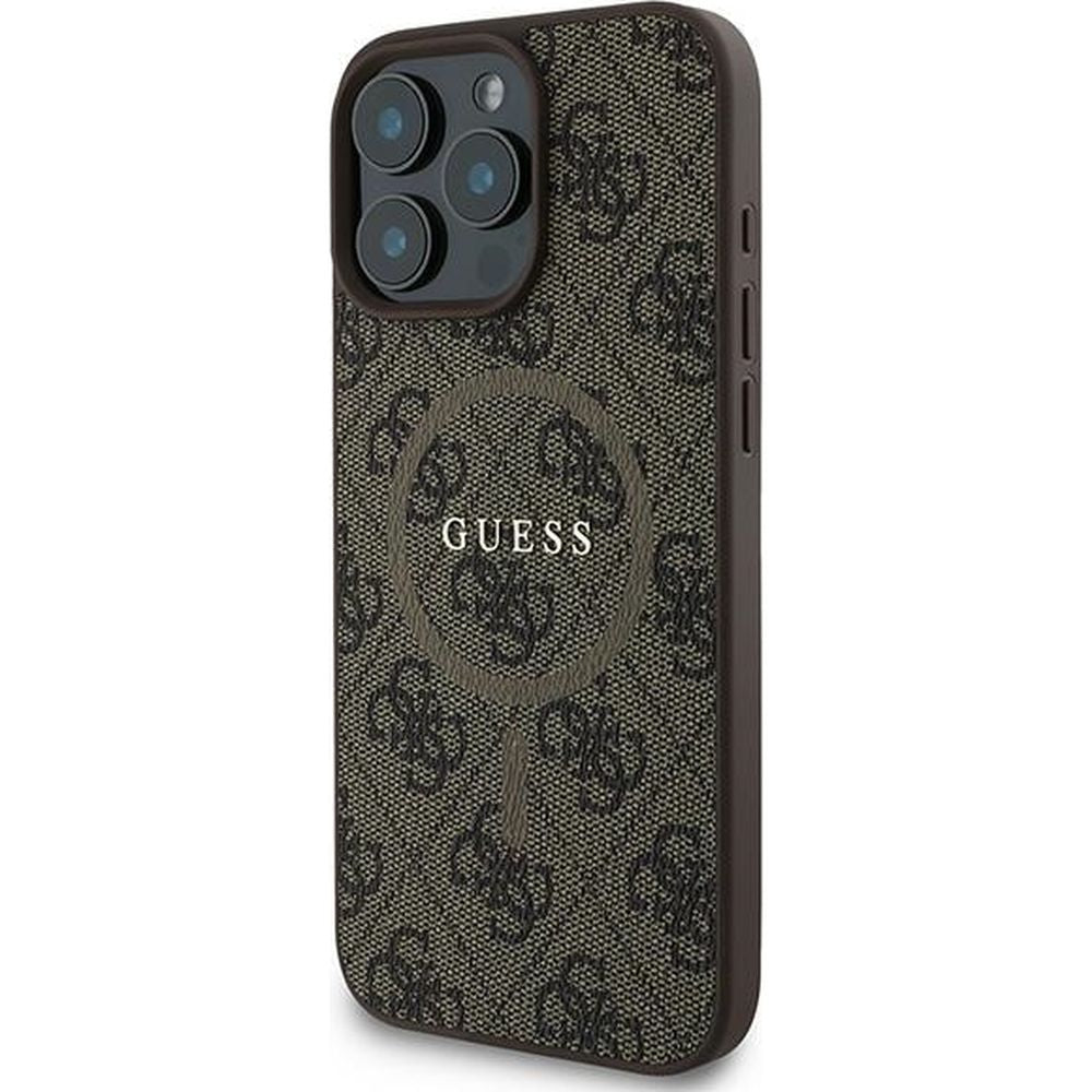 Handyhülle für iPhone 16 Pro, Guess Hardcase 4G Ring Classic Logo MagSafe, Braun