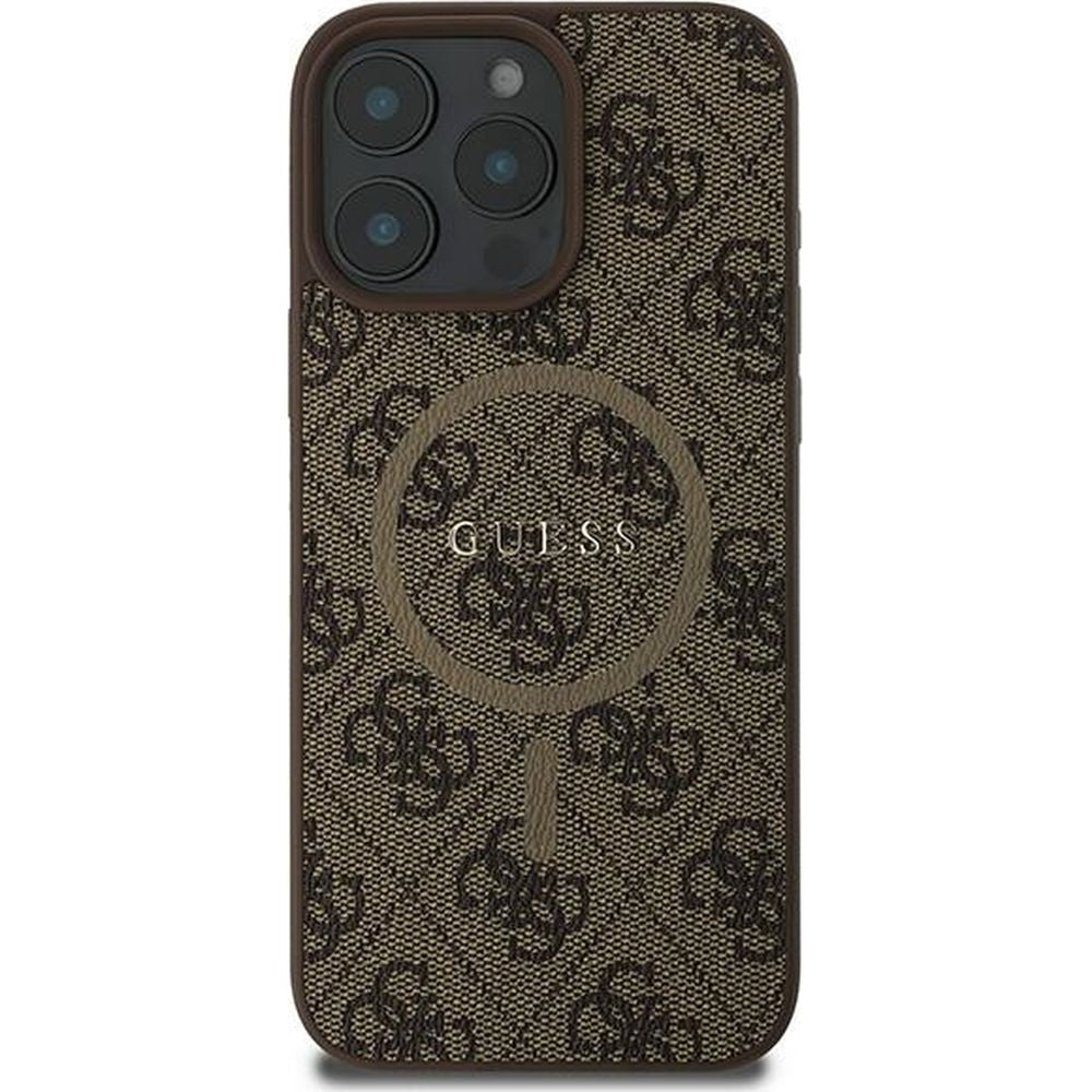 Handyhülle für iPhone 16 Pro, Guess Hardcase 4G Ring Classic Logo MagSafe, Braun