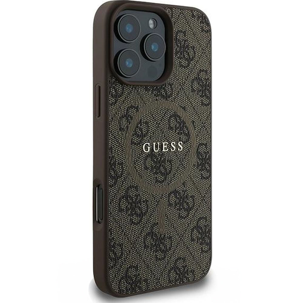 Handyhülle für iPhone 16 Pro, Guess Hardcase 4G Ring Classic Logo MagSafe, Braun
