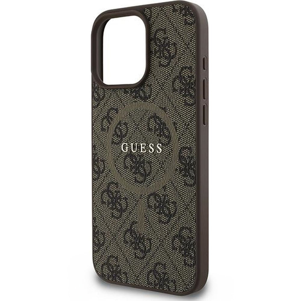 Handyhülle für iPhone 16 Pro, Guess Hardcase 4G Ring Classic Logo MagSafe, Braun