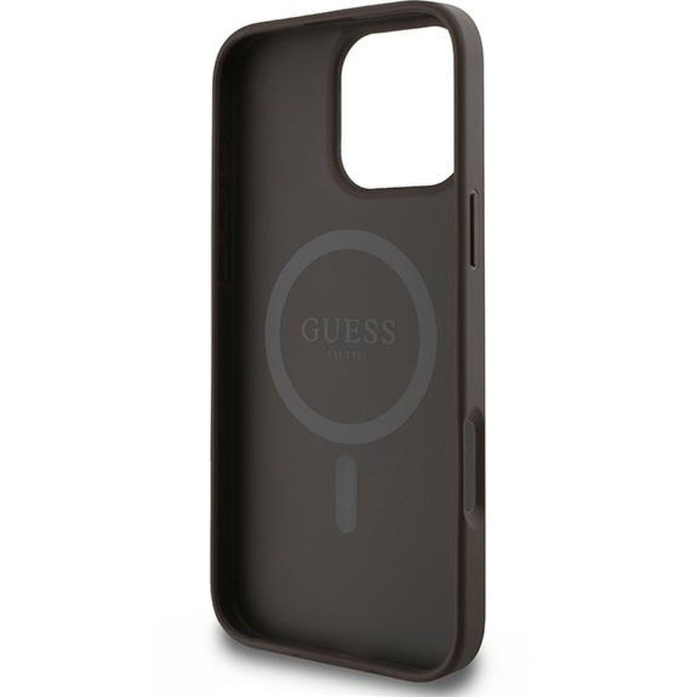 Handyhülle für iPhone 16 Pro, Guess Hardcase 4G Ring Classic Logo MagSafe, Braun
