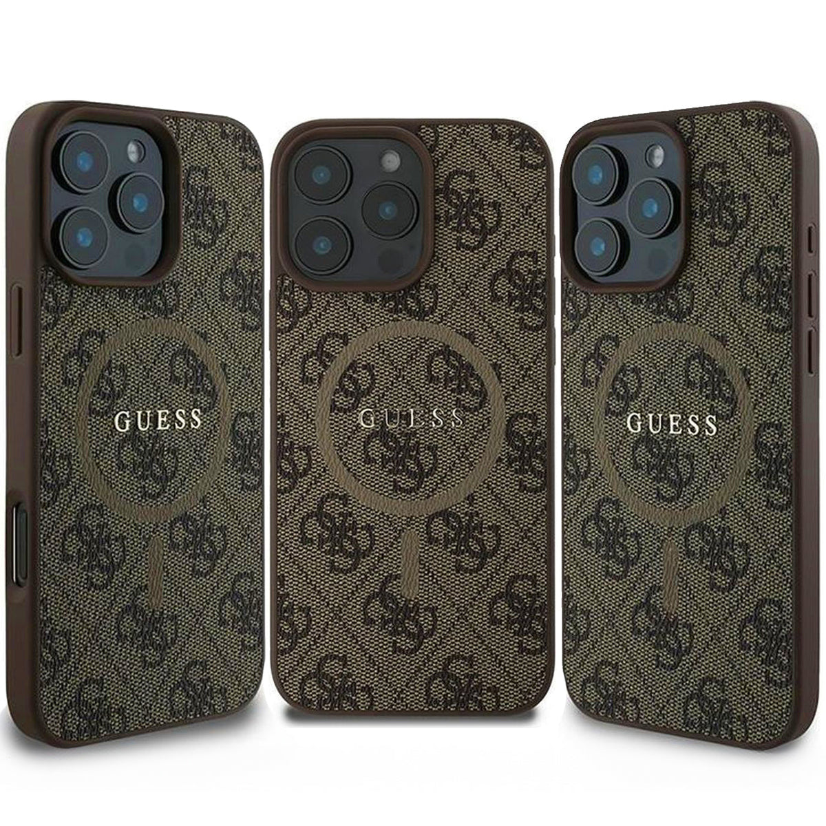 Handyhülle für iPhone 16 Pro, Guess Hardcase 4G Ring Classic Logo MagSafe, Braun