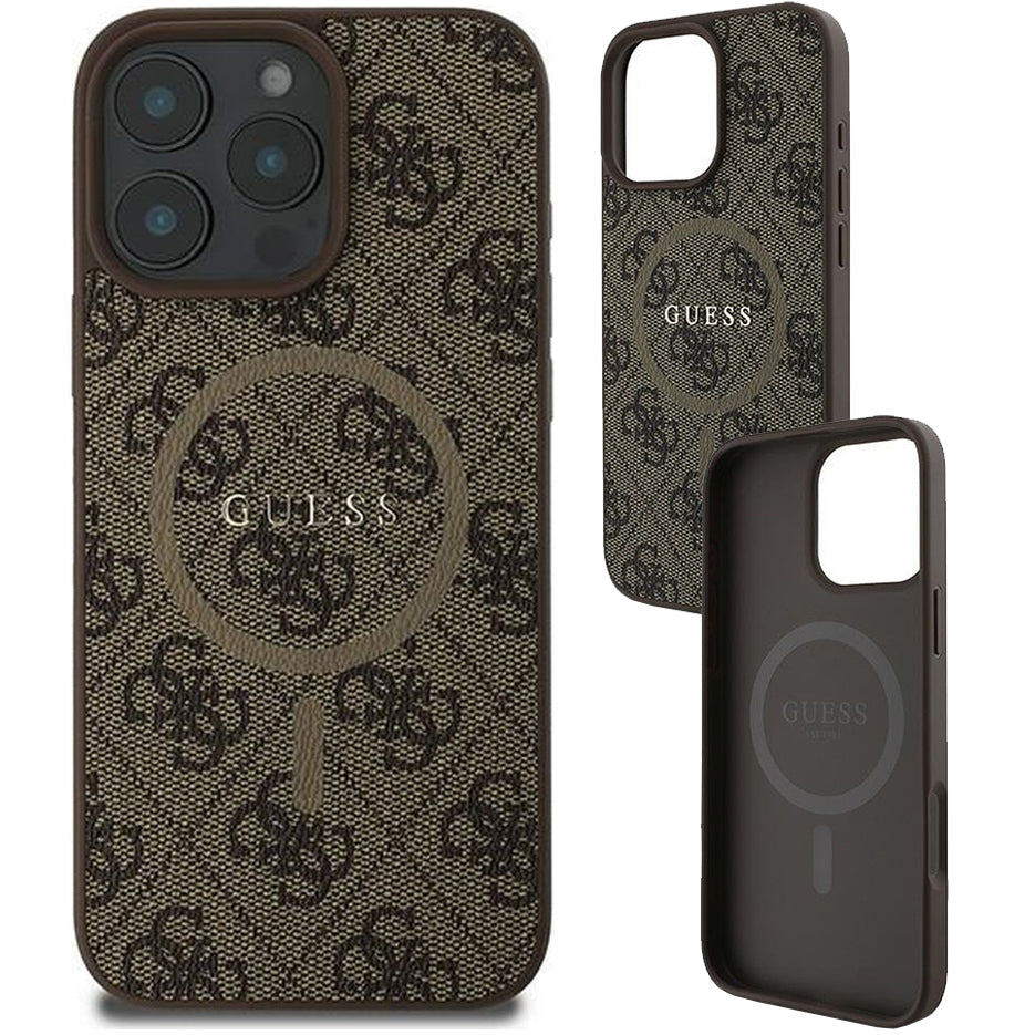 Handyhülle für iPhone 16 Pro, Guess Hardcase 4G Ring Classic Logo MagSafe, Braun