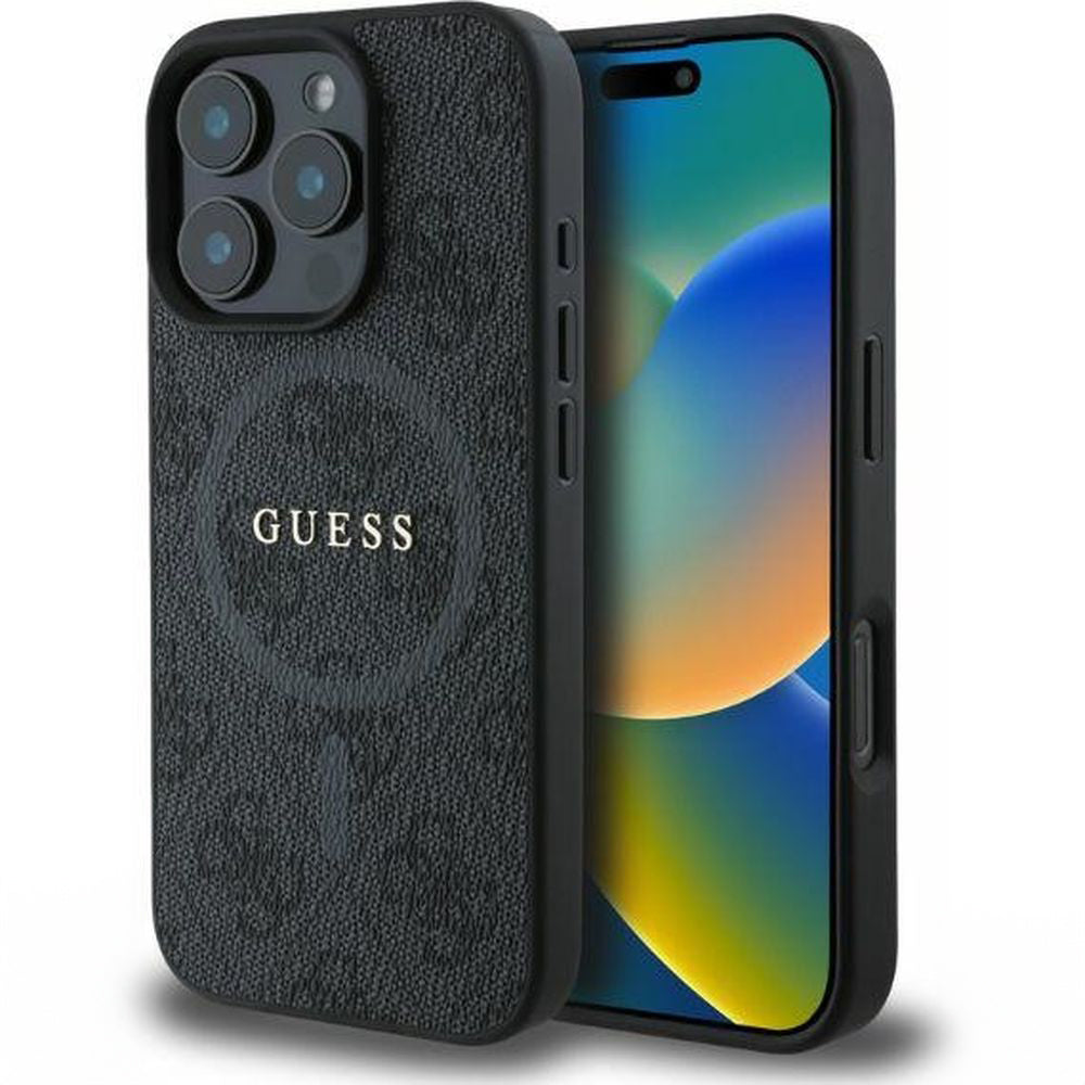 Handyhülle für iPhone 16 Pro Max, Guess Hardcase 4G Ring Classic Logo MagSafe, Schwarz
