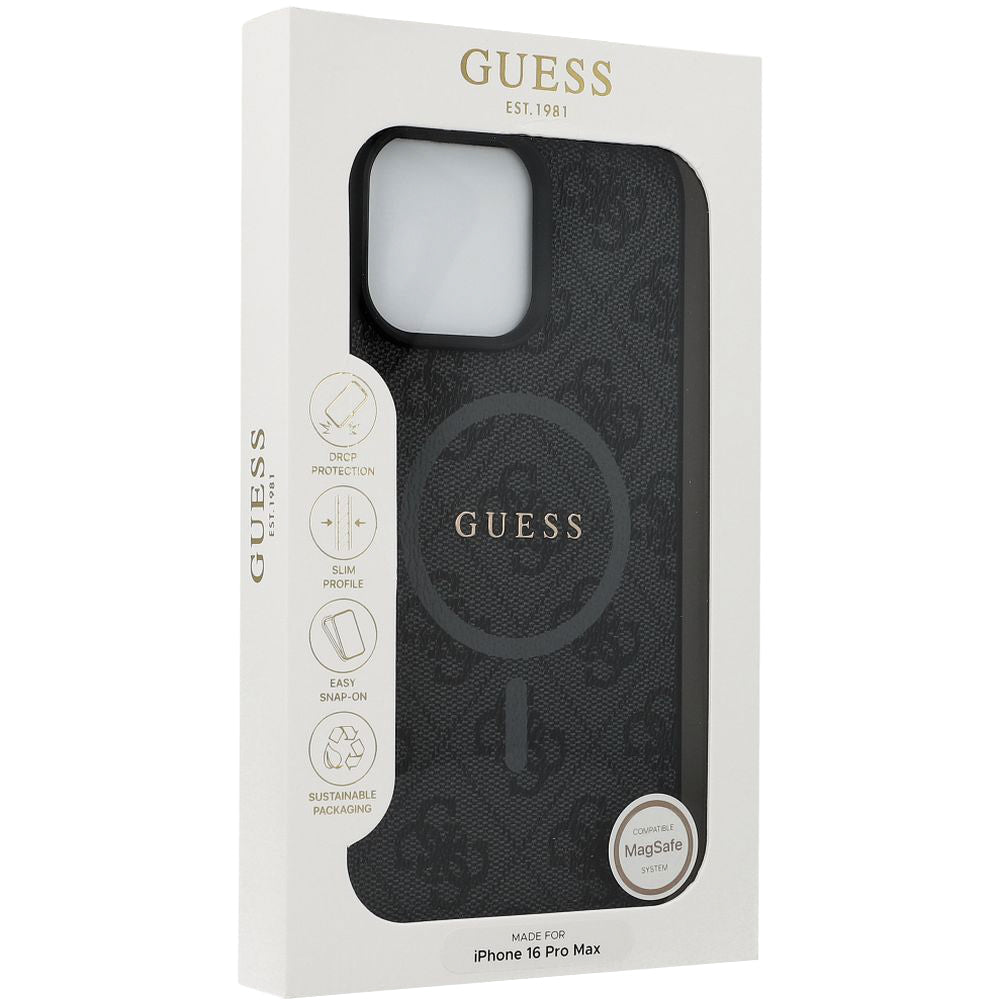 Handyhülle für iPhone 16 Pro Max, Guess Hardcase 4G Ring Classic Logo MagSafe, Schwarz