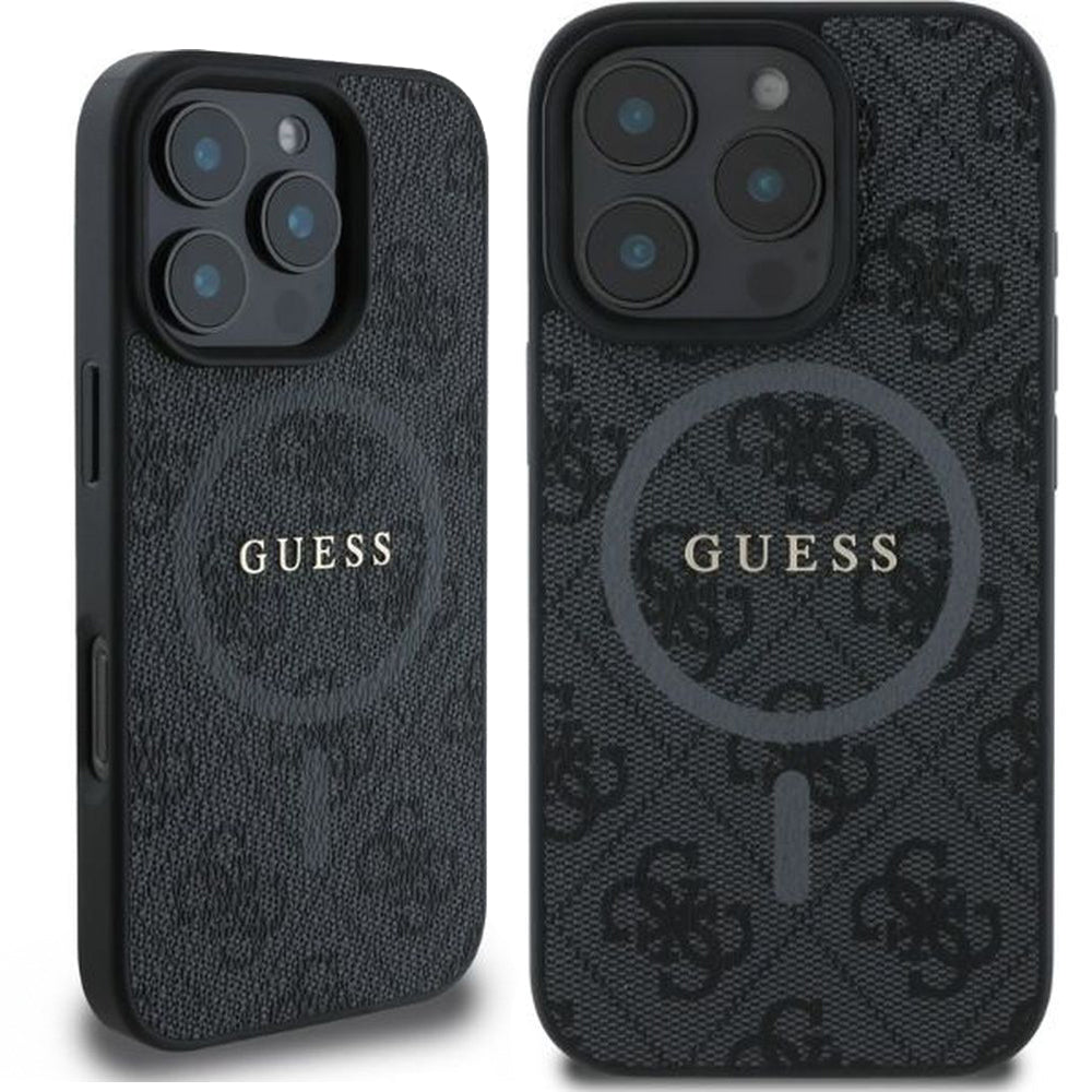 Handyhülle für iPhone 16 Pro Max, Guess Hardcase 4G Ring Classic Logo MagSafe, Schwarz