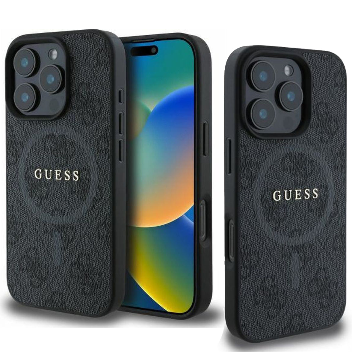 Handyhülle für iPhone 16 Pro Max, Guess Hardcase 4G Ring Classic Logo MagSafe, Schwarz